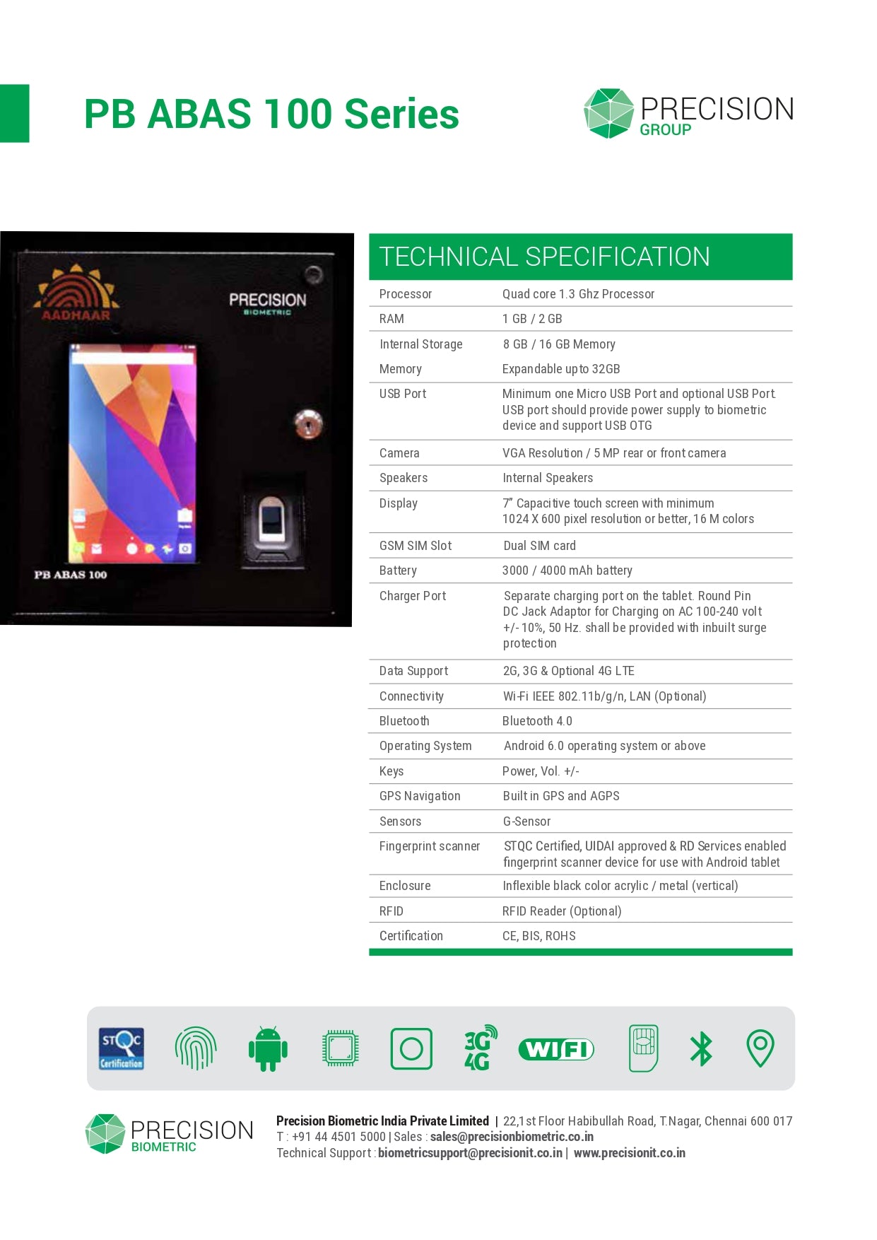 PRECISION PBABAS 100 4G WIFI (L0) AADHAR BIOMETRIC ATTENDANCE MACHINE