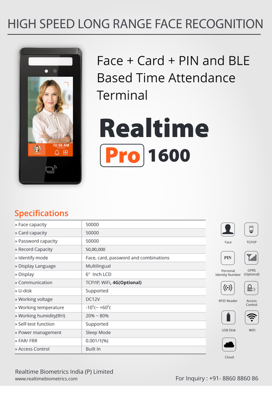 Realtime Pro 1600 Face + Card + PIN and BLE Based Time Attendance Terminal