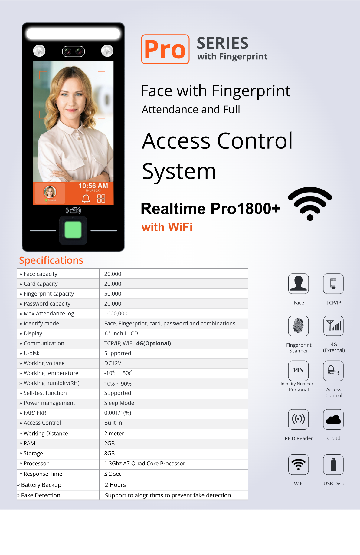 Realtime Pro1800+  With Wifi Face WIth Fingerprint Attendance And Access Control System