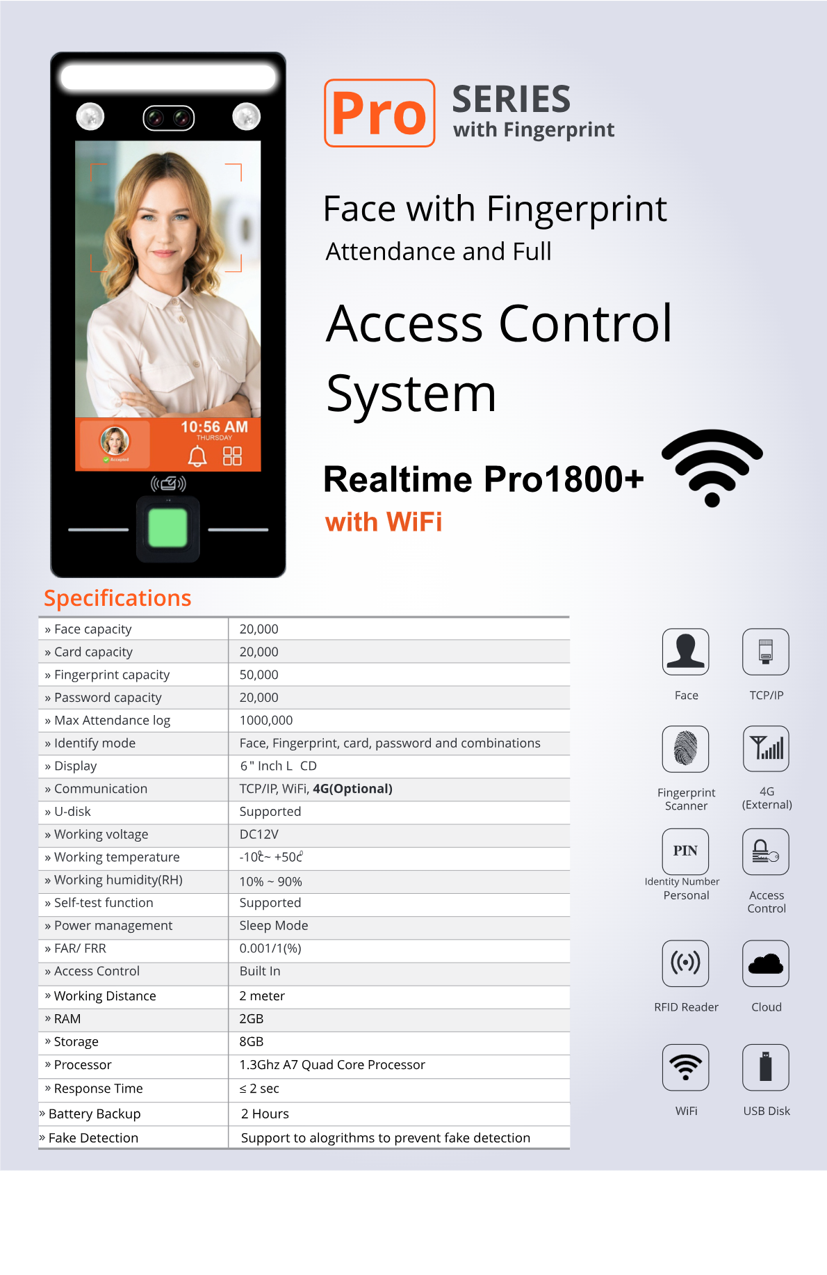 Realtime Pro1800+ With Wifi Face WIth Fingerprint Attendance And Access Control System