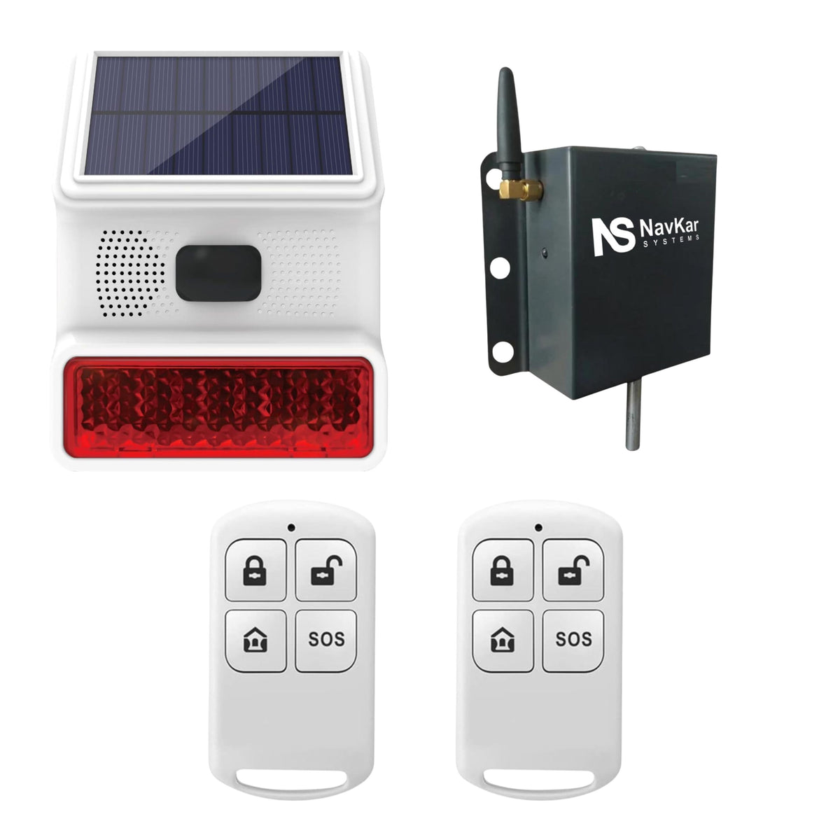 Navkar Systems Solar Wireless Alarm Siren Kit with PLG-43 Plunger Shutter Sensor, 2 Remotes, 433MHz