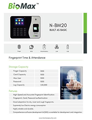 BIOMAX N-BM20 BIOMETRIC TIME ATTENDNACE MACHINE WITH INBUILT BATTERY