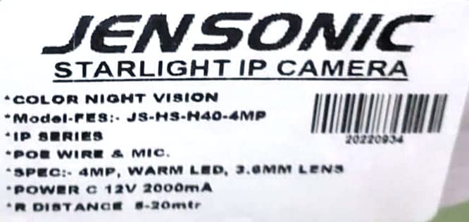Jensonic 4MP IP Bullet Camera Fully Metal Body Start lite with POE, MIC for Outdoor Use