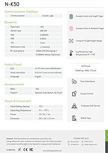 BIOMAX K30 TIME ATTENDNACE AND ACCESS CONTROL MACHINE WITH INBUILT BATTERY