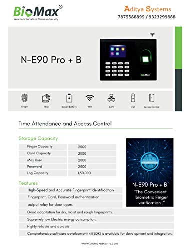 Biomax Fingerprint Machine with Inbuilt Battery & WiFi (Model: N-E90Pro+B) with Free Cloud Software for One Year