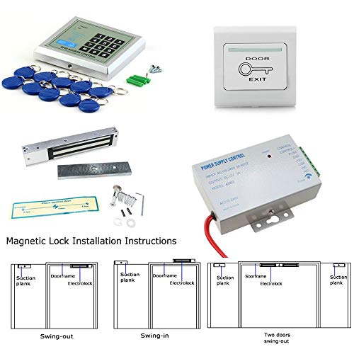 Combo-CN40 Full RFID Door Access Control System Kit Set (600 Lbs Electro Magnetic Lock + Armature Faceplate + Access Control Power Supply + Push Release Button + Proximity Door Entry keypad + 10 Key Fobs)