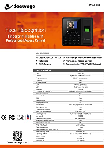 SecureEye S-FB3K Time & Attendance (Face, Fingerprint, Password)