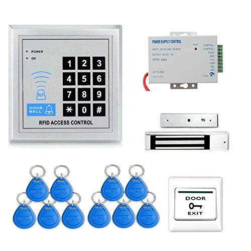 Combo-CN40 Full RFID Door Access Control System Kit Set (600 Lbs Electro Magnetic Lock + Armature Faceplate + Access Control Power Supply + Push Release Button + Proximity Door Entry keypad + 10 Key Fobs)