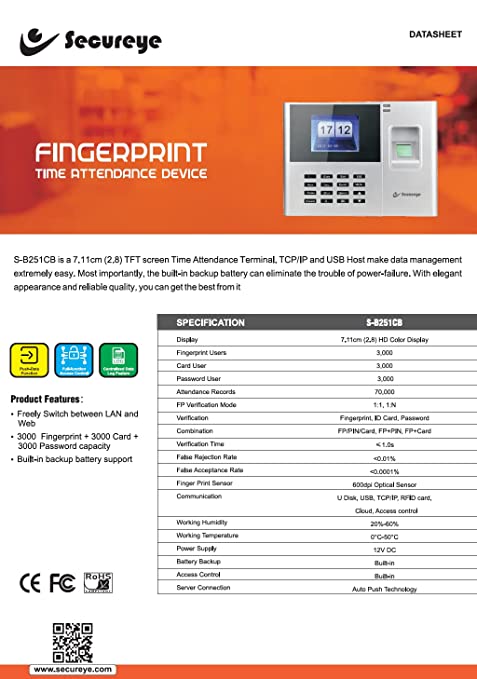 SecureEye Fingerprint Time Attendance Device: S-B251CB LAN + Wifi