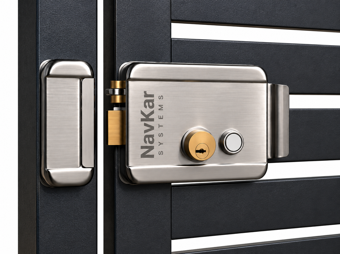 RML-8K electronic rim lock fitted on a metal main gate