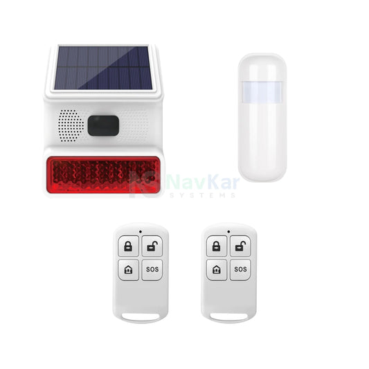 Solar wireless alarm siren kit with PIR motion sensor and two remotes