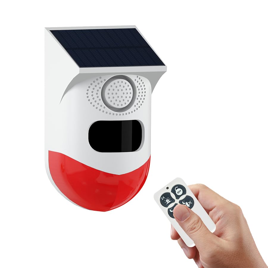 Solar Sound & Strobe Light Alarm with Motion Detector and Remote Controller 120db Sound Security Siren Light IP67 Waterproof 24 Hours+4 Mode for Home, Farm, Barn, Villa, Yard, Garden