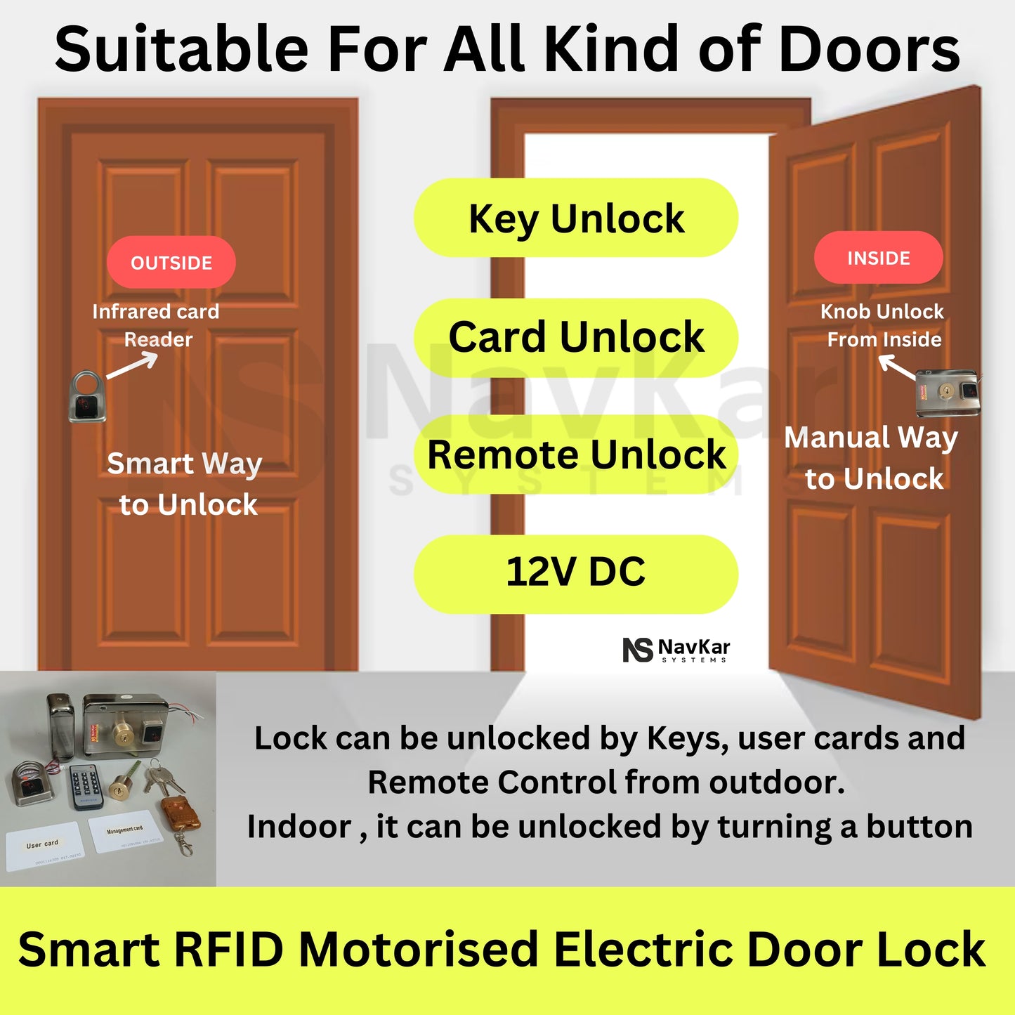 Navkar Systems 12V Two-Way Motorised Lock with Remote Integrated with RFID