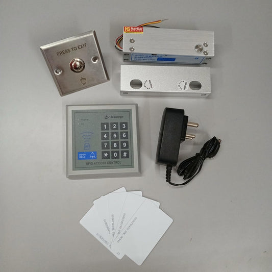 Combo-CN171 RFID Card Password Based Access Control System, Fully Frameless Glass Door Lock, Exit Button, 12 v 2 Amp Adapter, 10 RFID Cards