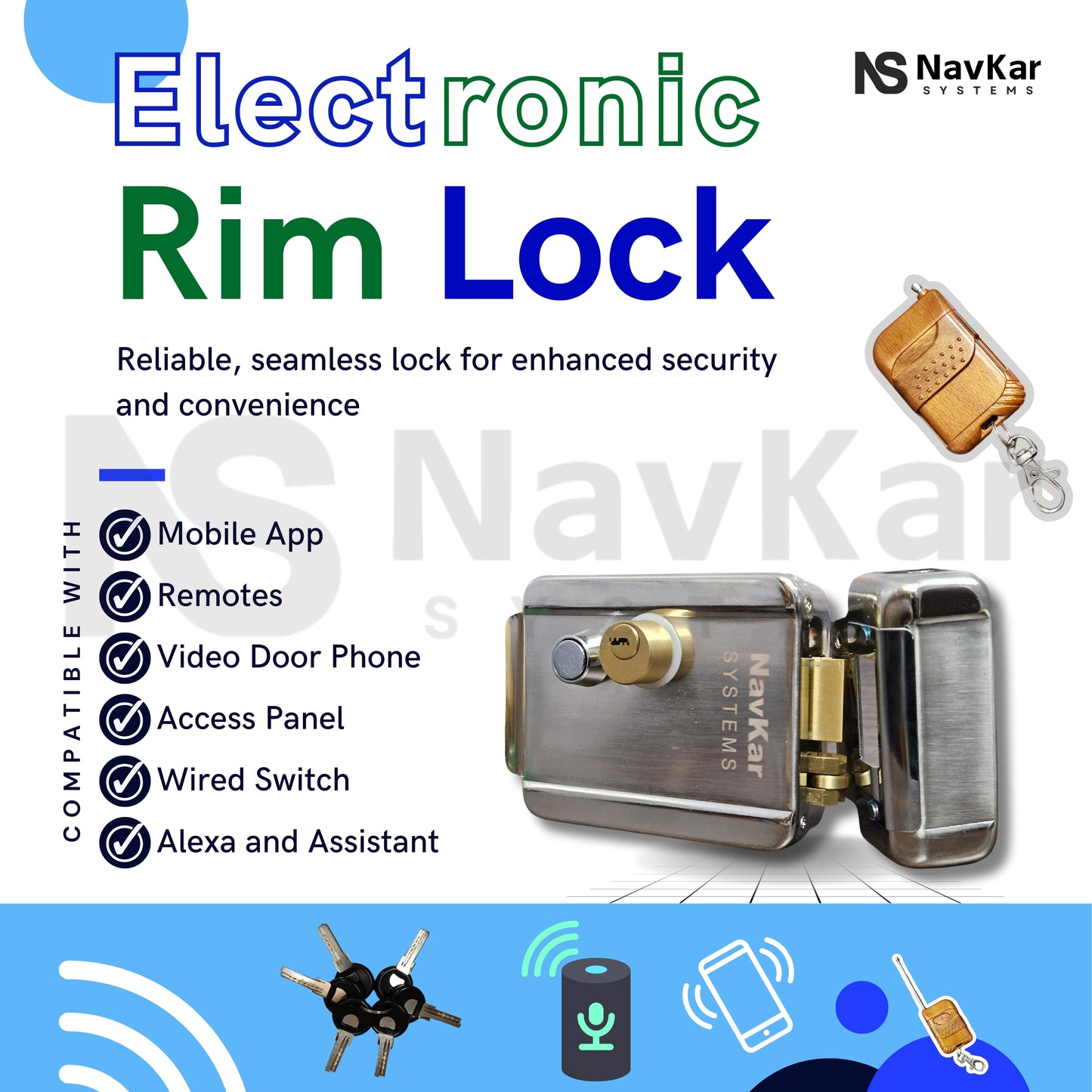 Navkar Systems Electronic Rim Lock with Weatherproof Finger Card Pin Remote Mobile App Access Control Panel with 2 Remotes, Can Operate Any Electronic Lock Using Finger Card Pin Remote Smart Life App