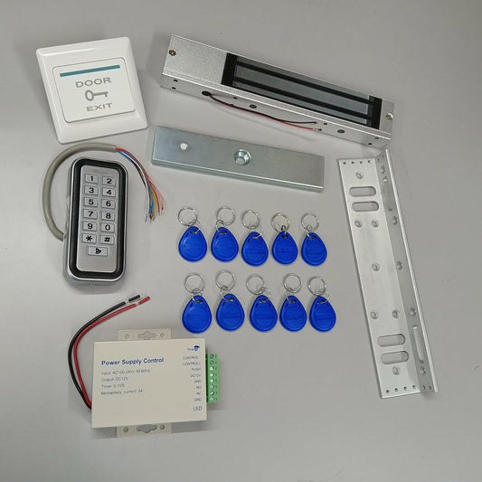 Door Entry Access Control System Weatherproof RFID Pin Access Panel, EM Lock 600 Lbs, L Bracket, K80 Supply, PVC Button, Keychain Tag 10 Nos