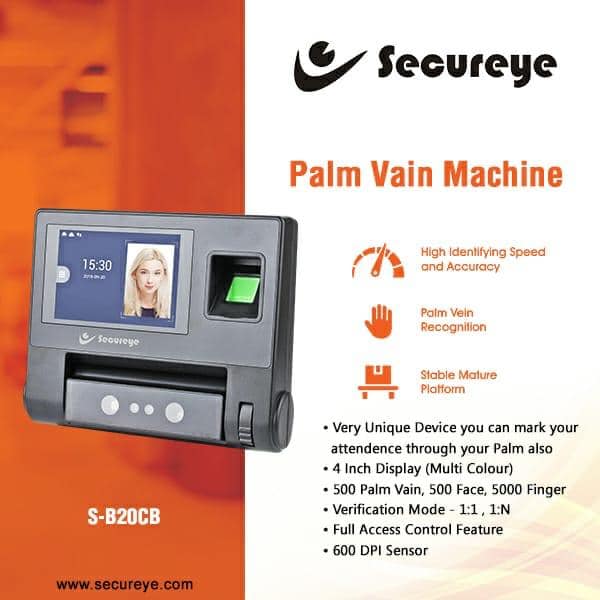 NavKar Systems SECUREYE S-B20CB Face Finger Palm Card Pin Attendance Machine Works on Ontime Desktop Software