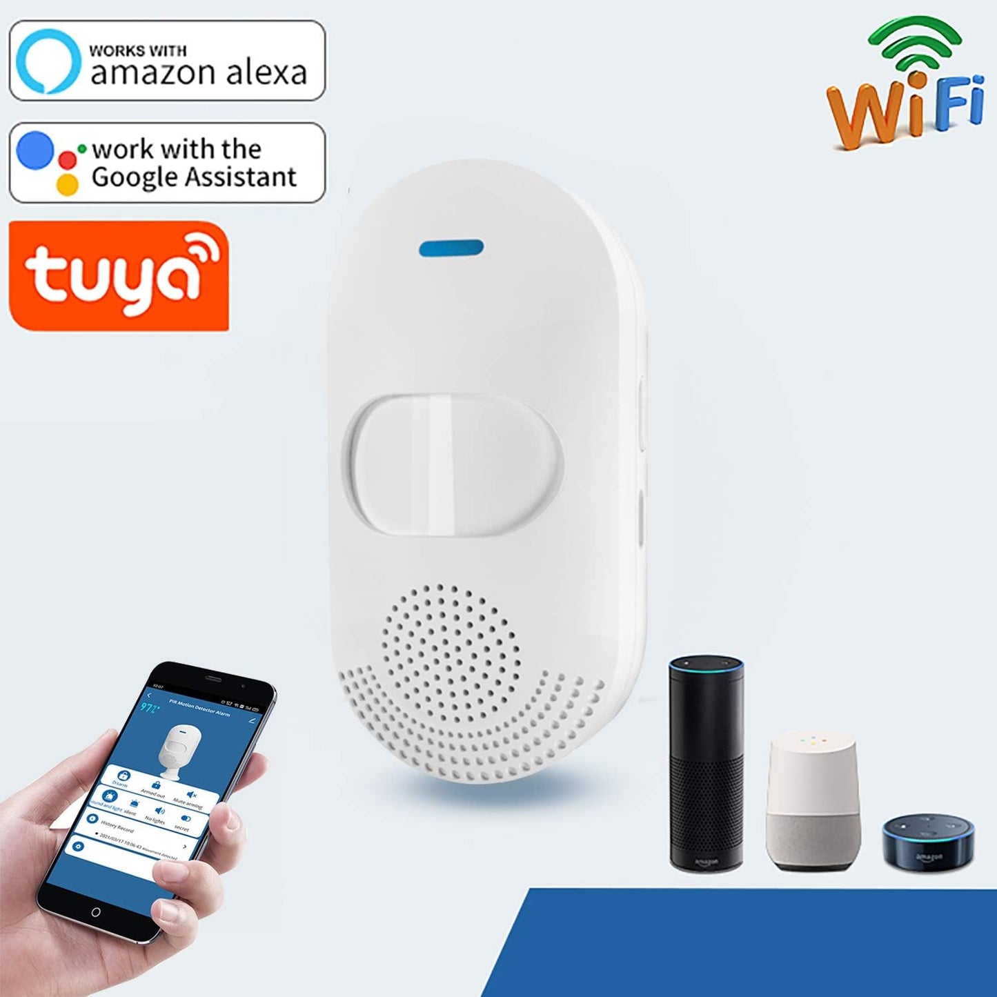 Tuya WiFi PIR Motion Sensor with Tuya WiFi Siren with 2 remotes and 12V Power Supply (Get Alarm remotely Anywhere in The World)