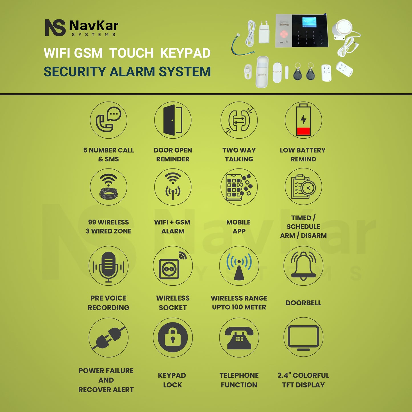 NavKar SYSTEMS WiFi GSM Touch Home Security Burglar Alarm System with Mobile App