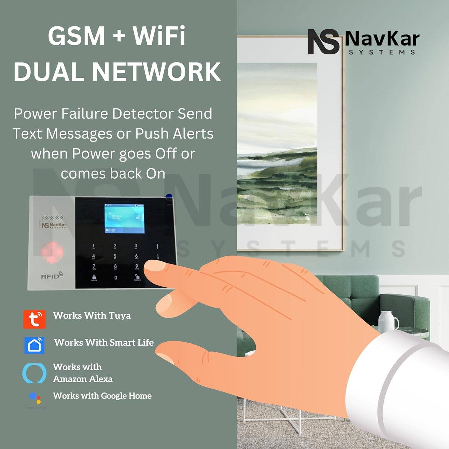 NAVKAR SYSTEMS WiFi GSM Touch Security System Complete Kit (with 1 pc Door, 1 pc Motion) and 1 pc Smoke Sensor