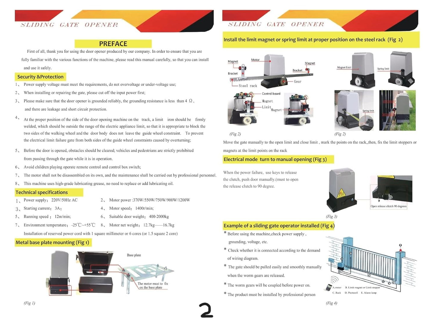 370W Sliding Gate Motor 600Kg Capacity with 2 Remotes, Limit Switches, 2 Keys to Free The Motor and Mounting Base Plate with User Manual