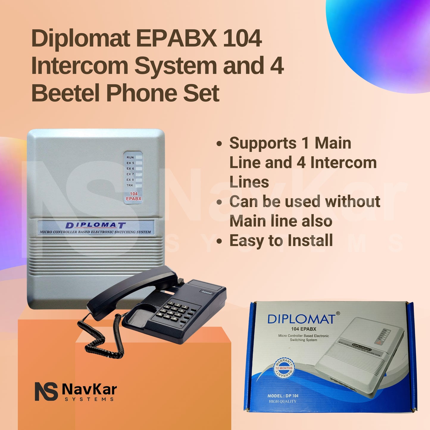 Diplomat EPABX 104 Intercom System and 4 Beetel Phone set