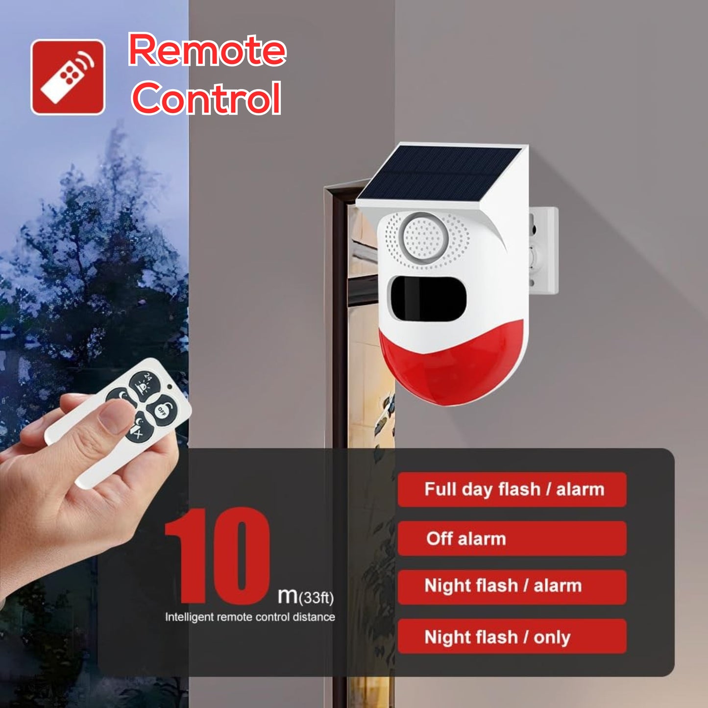 Solar Sound & Strobe Light Alarm with Motion Detector and Remote Controller 120db Sound Security Siren Light IP67 Waterproof 24 Hours+4 Mode for Home, Farm, Barn, Villa, Yard, Garden