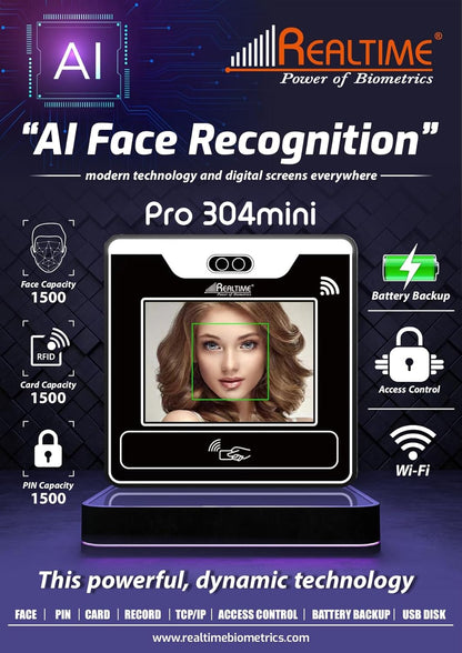 Realtime PRO 304 MINI HIGH Speed Long RANG AI FACE Recognition ATTENDANCE Access Control Machine FACE,Card and PIN ATTENDANCE Machine