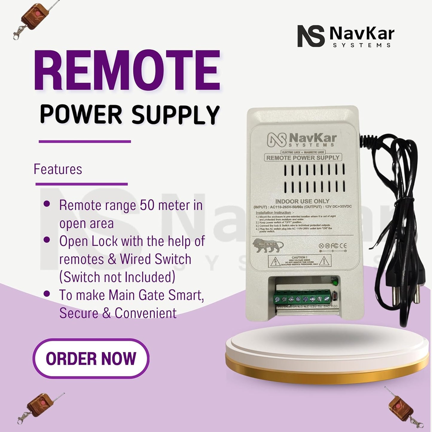 NAVKAR SYSTEMS Electronic Door Lock with 24V Power Supply. & Remote Kit & 3 Remotes with Installation in Delhi NCR (Delhi, Gurgaon, Noida, Faridabad, Ghaziabad)