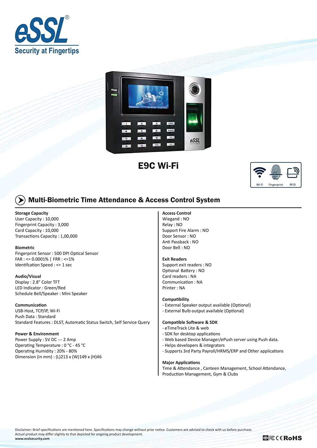 essl E9C Wi-Fi Fingerprint Time and Attendance System