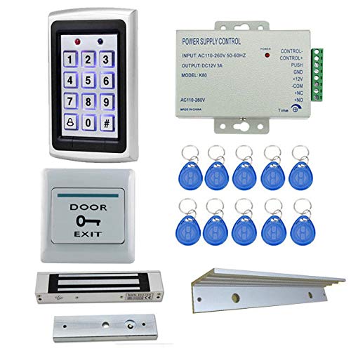 Door Entry Access Control System Weatherproof RFID Pin Access Panel, EM Lock 600 Lbs, L Bracket, K80 Supply, PVC Button, Keychain Tag 10 Nos