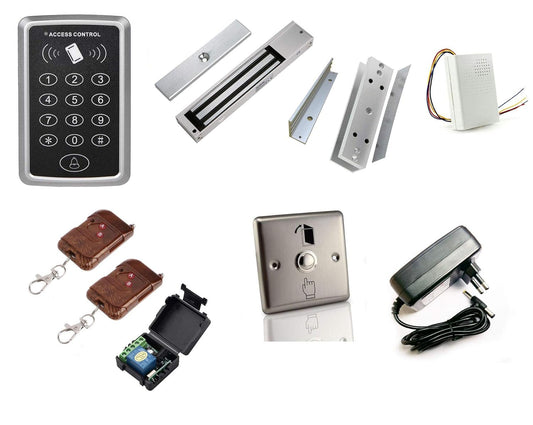 Combo-CN22 RFID Card + Password Based Access Control System with Electro Magnetic Lock, L Bracket, U Bracket, Remote Receiver with 2 Remotes, 12 V Door Bell, Exit Button and 12V 2Amp Adapter.