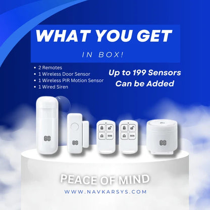 NAVKAR SYSTEMS Combo-CN307 ACJ-400 Home Security Alarm System Complete Kit with 1 Wireless Vibration Sensor VS-43 | Smart Anti-Theft Security System with App Alerts, SMS & Call Notifications