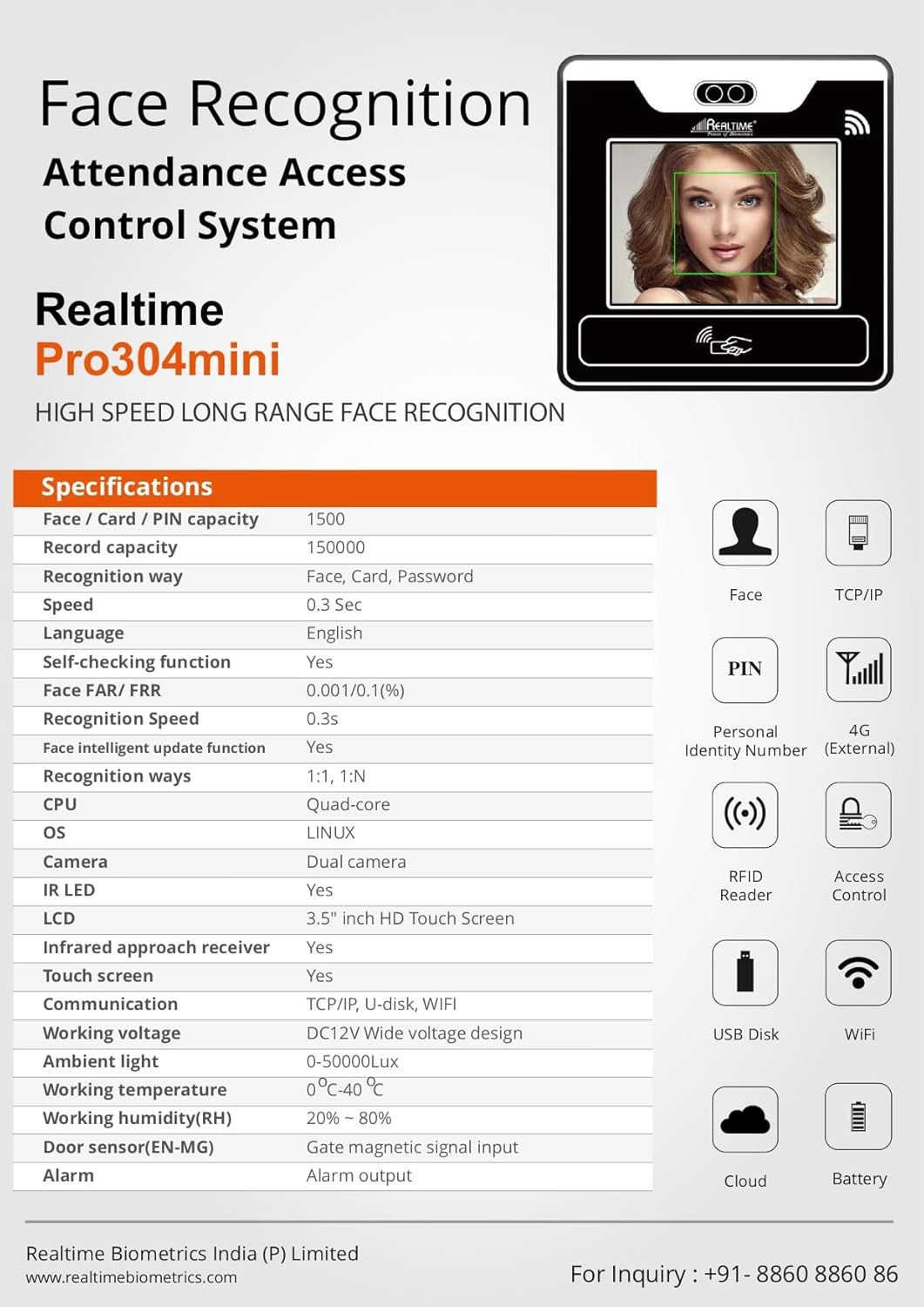 Realtime PRO 304 MINI HIGH Speed Long RANG AI FACE Recognition ATTENDANCE Access Control Machine FACE,Card and PIN ATTENDANCE Machine