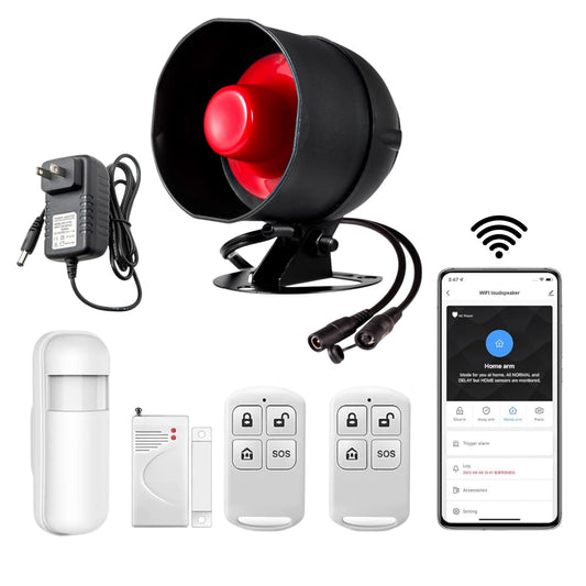 Combo-CN290 WiFi Home Security Alarm System with 120dB Wireless Siren, 1 Motion Sensor Siren, 1 Window Door Alarms Sensor, 2 Remote Control for Shed Garage and 1 adapter