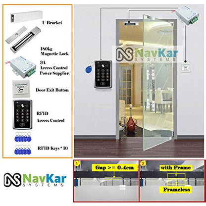 NAVKAR SYSTEMS RFID Pin Access Control System, EM Lock 600 Lbs, U Bracket, K80 Supply, PVC Button, Keychain Tag 10 Nos for Toughened Glass Door