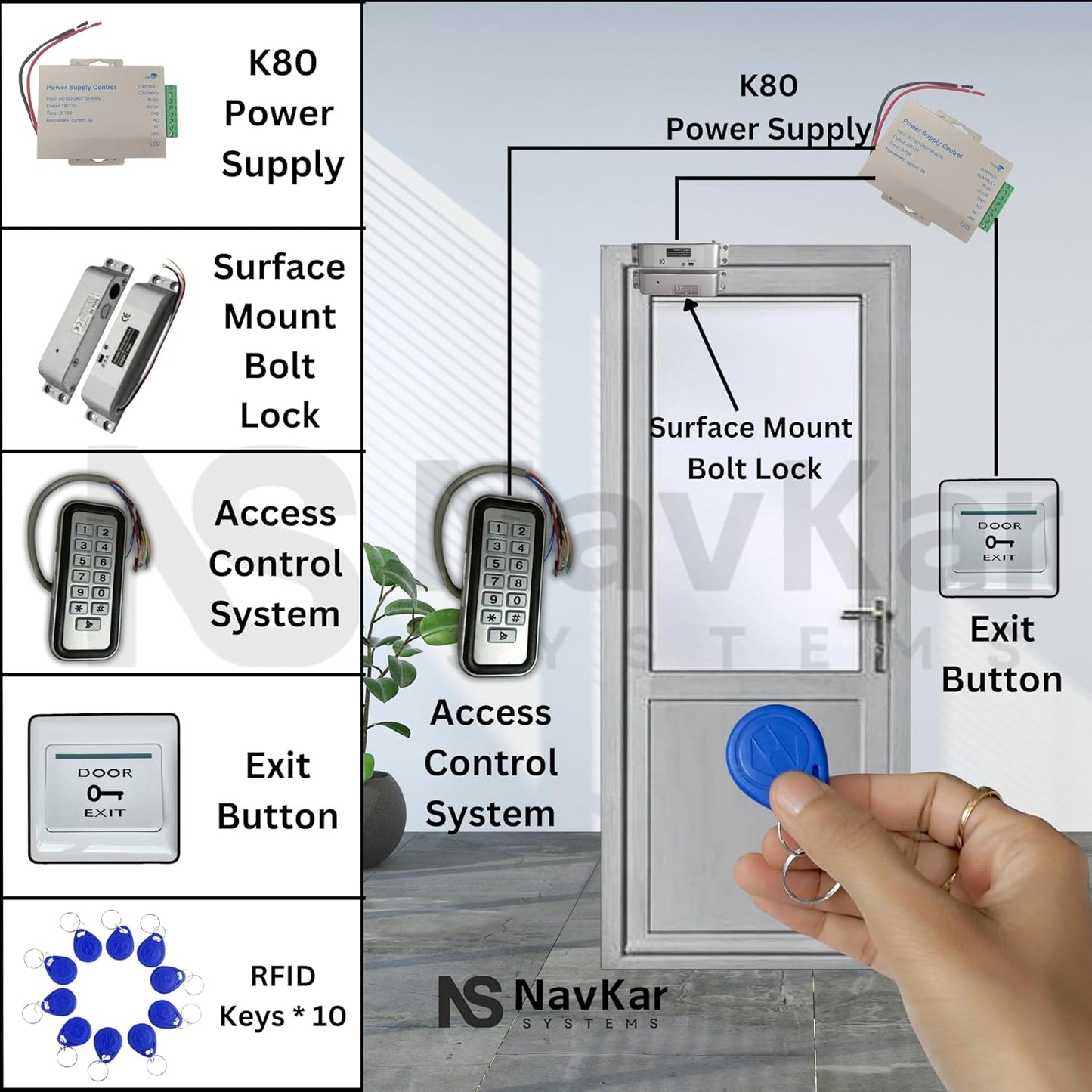 Weatherproof RFID Pin Access Control System, Surface Mount Drop Bolt Lock, K80 Supply, Exit Button, Keychain Tag 10 Nos