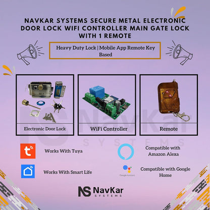 Navkar Systems Secure Metal Electronic Door Lock with WiFi Controller Main Gate Lock with 2 Remote | Heavy Duty Lock | Suitable for SS Steel MS Aluminium Wooden Gates | Mobile App Remote Key Based