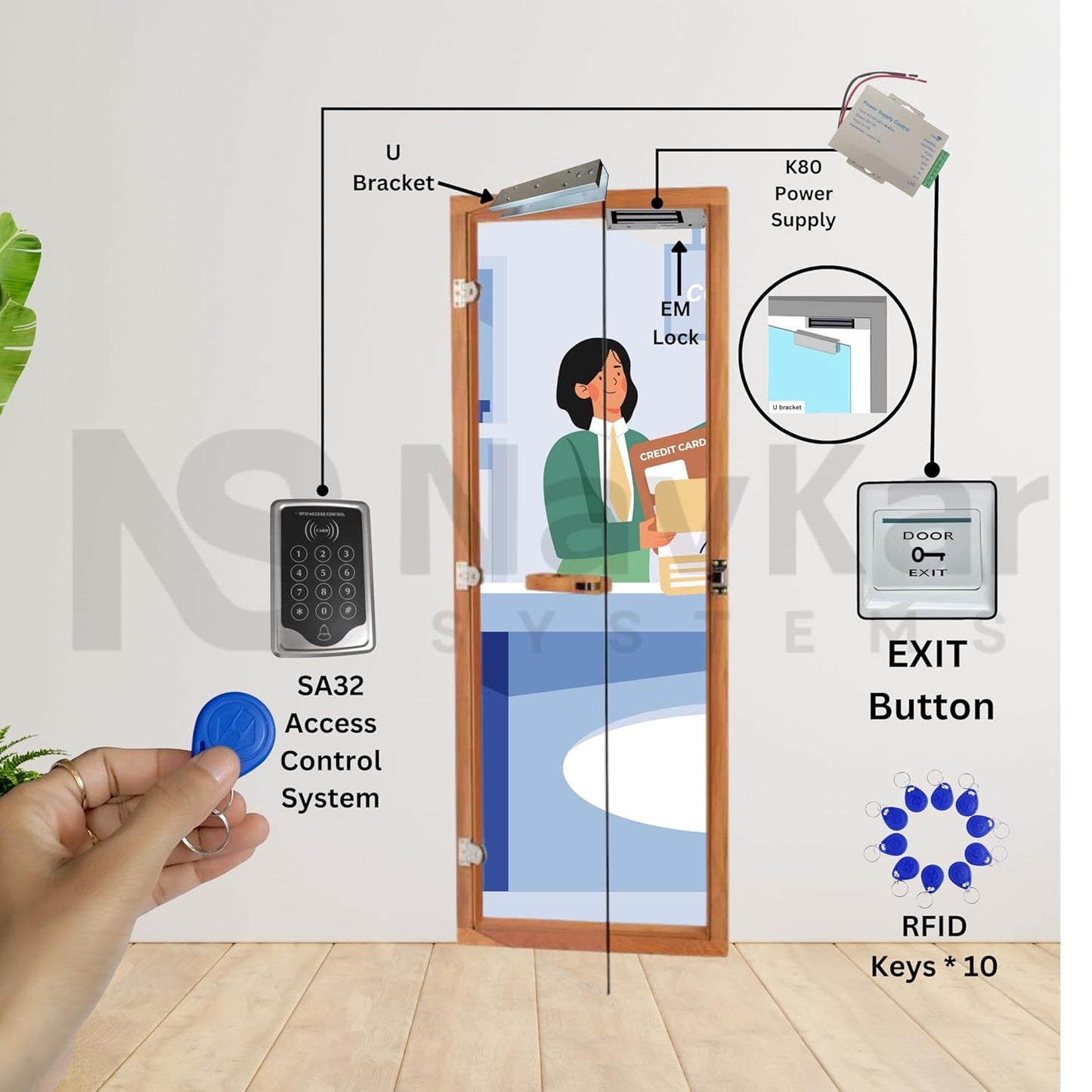 NAVKAR SYSTEMS RFID Pin Access Control System, EM Lock 600 Lbs, U Bracket, K80 Supply, PVC Button, Keychain Tag 10 Nos for Toughened Glass Door