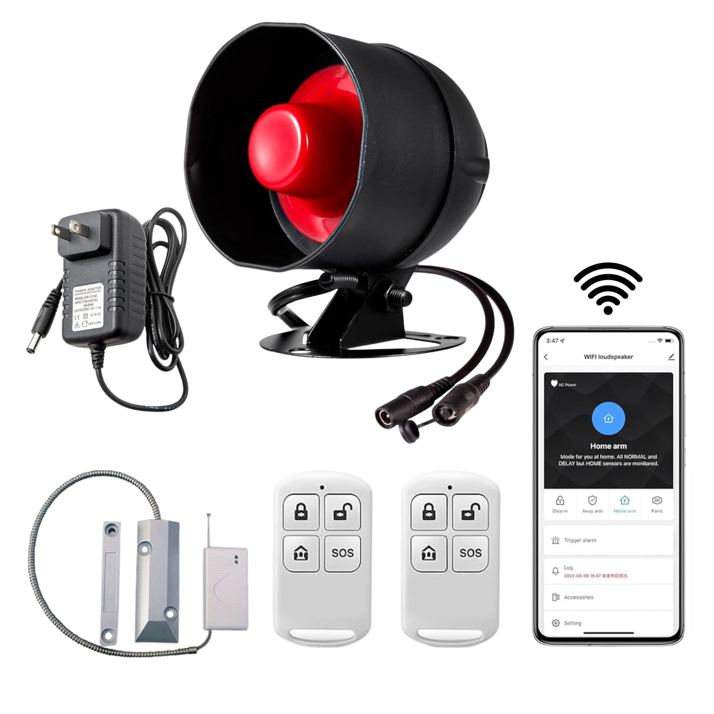 Combo-CN284 WiFi Home Security Alarm System with 120dB Wireless Siren with 1 pc of Wireless Shutter Sensor, 2 Remote Control for Shed Garage and 1 Adapter