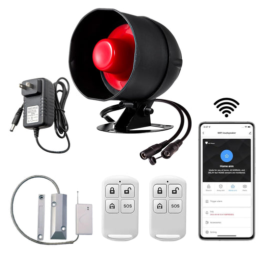 Combo-CN284 WiFi Home Security Alarm System with 120dB Wireless Siren with 1 pc of Wireless Shutter Sensor, 2 Remote Control for Shed Garage and 1 Adapter