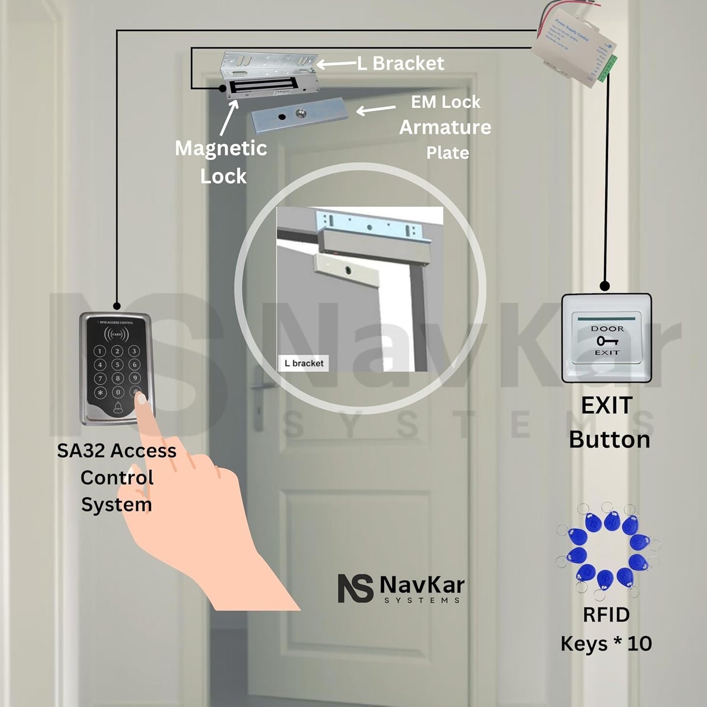 Door Entry Access Control System Weatherproof RFID Pin Access Panel, EM Lock 600 Lbs, L Bracket, K80 Supply, PVC Button, Keychain Tag 10 Nos