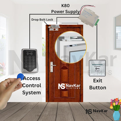 Door Entry Access Control System Kit RFID Access Control System, Drop Bolt Lock, U Bracket for Drop Bolt, K80 Supply, Exit Button, Keychain Tag 10 Nos