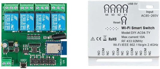 4 Channel Smart WiFi Switch DIY-AC04-TY Smart Life App Compatible, Google Voice & Alexa Enabled, for Home Appliances, Easy Installation