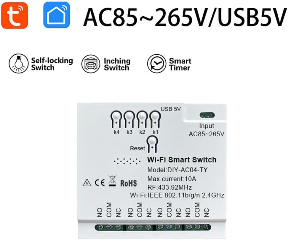 4 Channel Smart WiFi Switch DIY-AC04-TY Smart Life App Compatible, Google Voice & Alexa Enabled, for Home Appliances, Easy Installation