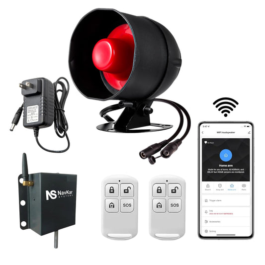 Combo-CN267 WiFi Home Security Alarm System with 120dB Wireless Loud Siren, 1 pc of Plunger Shutter Sensor, 2 Remote Controls & 1 pc of Adapter for Home, Shed & Garage
