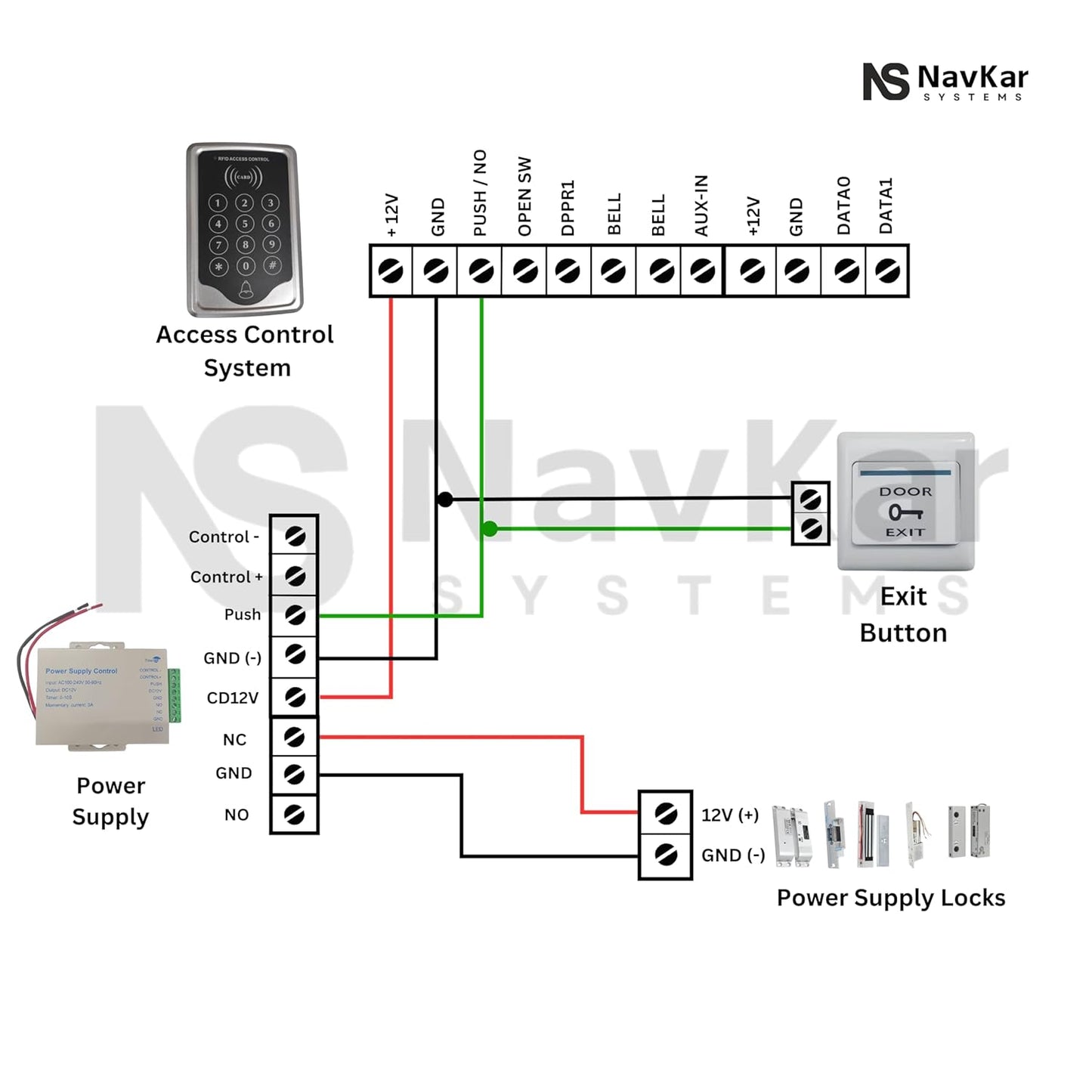 NAVKAR SYSTEMS RFID Pin Access Control System, EM Lock 600 Lbs, U Bracket, K80 Supply, PVC Button, Keychain Tag 10 Nos for Toughened Glass Door