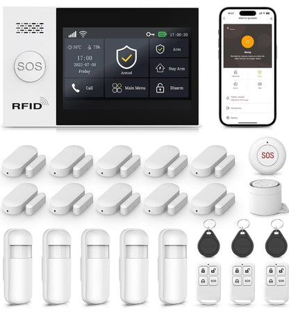 Combo-CN295 ACJ 407 Home Security System, 24-Pieces Wireless WIFI/2G Alarm Kits,4.3" Touch Screen Home Burglar Alarm with Door and Motion Sensors,Remote,SOS Emergency Button,Compatible with Alexa