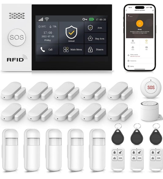 Combo-CN295 ACJ 407 Home Security System, 24-Pieces Wireless WIFI/2G Alarm Kits,4.3" Touch Screen Home Burglar Alarm with Door and Motion Sensors,Remote,SOS Emergency Button,Compatible with Alexa