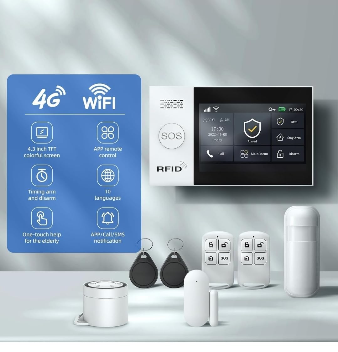 Combo-CN295 ACJ 407 Home Security System, 24-Pieces Wireless WIFI/2G Alarm Kits,4.3" Touch Screen Home Burglar Alarm with Door and Motion Sensors,Remote,SOS Emergency Button,Compatible with Alexa